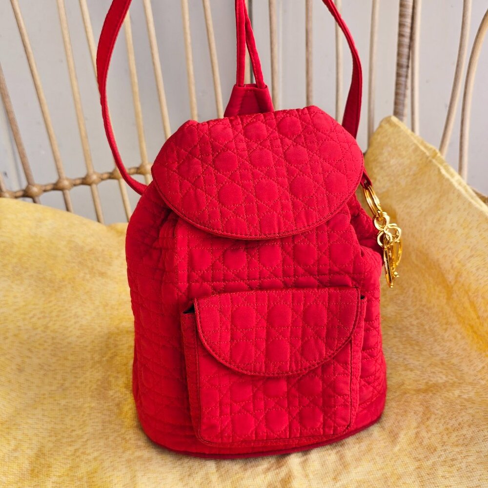 Medium Lady Dior Cannage Quilted Nylon Red Backpack made in Italy - Picture 2 of 14